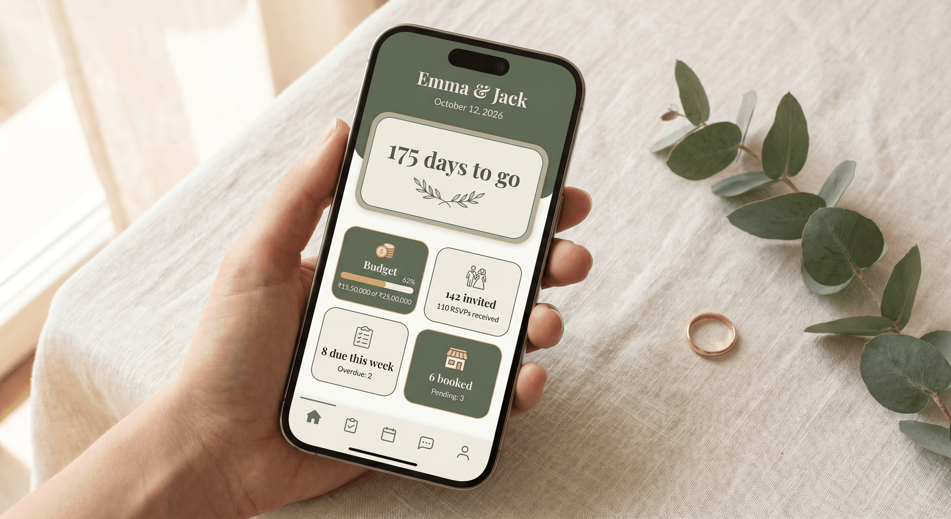 Wedding Planner AI mobile dashboard with countdown, tasks and budget snapshot